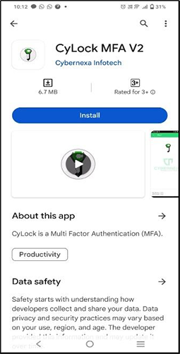 CyLock App Installation screen  - CyLock